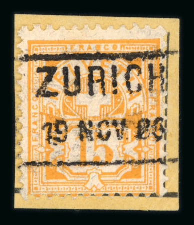 1888, 15 Rp. in der gelborangen Nuance, auf kleinem Briefstück