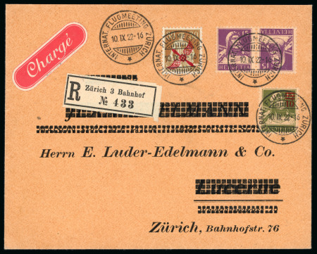 Stamp of Switzerland / Schweiz » Flugpost » Flugbriefe 1918, Propellerradaufdruck 30 Rp. zusammen mit 15 Rp. violett Tellbrust Kehrdruck
