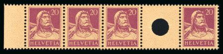 Stamp of Switzerland / Schweiz »  Zwischenstege mit Lochung 1924, Tellbrust 20 Rp. rotlila, im 4er Streifen mit Zwischensteg mit kleiner Lochung
