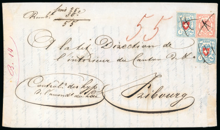 Stamp of Switzerland / Schweiz » Rayonmarken » Rayon I, hellblau, ohne KE (STEIN U) ** 1852, Rayon I hellblau, 2 Einzelmarken, zusammen mit Rayon III grosse Wertziffern 