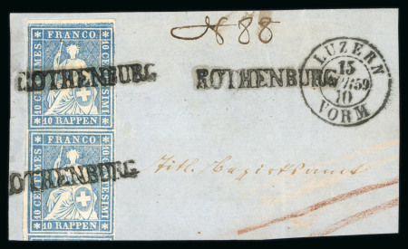 Stamp of Switzerland / Schweiz » Sitzende Helvetia Ungezähnt » 1856-57 Berner Druck (III) 1859, 10 Rp. blau, 3. Berner Druckperiode, im senkrechten Paar