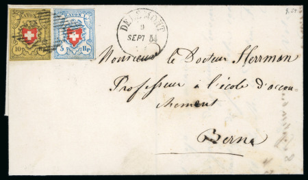 Stamp of Switzerland / Schweiz » Rayonmarken » Rayon II, gelb, ohne Kreuzeinfassung (STEIN E) 1854, Rayon II, zusammen mit Rayon I hellblau