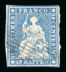 Stamp of Switzerland / Schweiz » Sitzende Helvetia Ungezähnt » Münchner Druck, 1. Auflage 1854, 10 Rp. blau, 1. Münchner Druckperiode