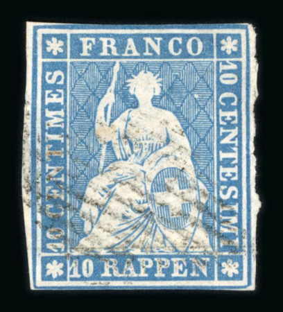 Stamp of Switzerland / Schweiz » Sitzende Helvetia Ungezähnt » Münchner Druck, 1. Auflage 1854, 10 Rp. blau, 1. Münchner Druckperiode