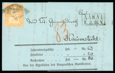 Stamp of Switzerland / Schweiz » Sitzende Helvetia Ungezähnt » 1854-55 Berner Druck (I) 1856, 20 Rp. orange, 1. Berner Druckperiode, Nachnahme-Faltbrief