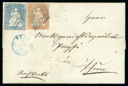 Stamp of Switzerland / Schweiz » Sitzende Helvetia Ungezähnt » Münchner Druck, 3. Auflage 1854, 5 Rp. braun, zusammen mit 10 Rp. blau, je 3. Münchner Druckperiode