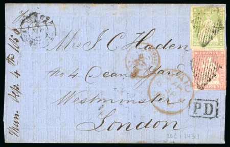 Stamp of Switzerland / Schweiz » Sitzende Helvetia Ungezähnt » 1856-57 Berner Druck (II) 1856, 40 Rp. grün, 2. Berner Druckperiode, zusammen mit 15 Rp. rot, 1. Berner Druckperiode