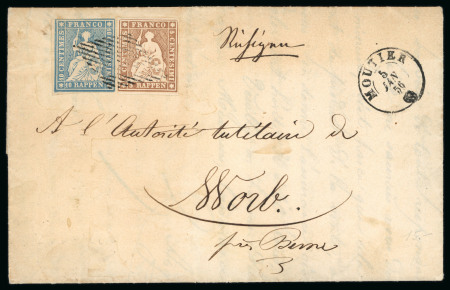 Stamp of Switzerland / Schweiz » Sitzende Helvetia Ungezähnt » 1854-55 Berner Druck (I) 1856, 10 Rp. blau, 1. Berner Druckperiode, zusammen mit 5 Rp. braun, 2. Berner Druckperiode