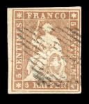 Stamp of Switzerland / Schweiz » Sitzende Helvetia Ungezähnt » Münchner Druck, 3. Auflage 1854, 5 Rp. braun, 3. Münchner Druckperiode