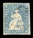Stamp of Switzerland / Schweiz » Sitzende Helvetia Ungezähnt » Münchner Druck, 3. Auflage 1854, 10 Rp. blau, 3. Münchner Druckperiode
