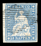 Stamp of Switzerland / Schweiz » Sitzende Helvetia Ungezähnt » Münchner Druck, 3. Auflage 1854, 10 Rp. blau, 3. Münchner Druckperiode