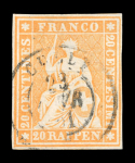 Stamp of Switzerland / Schweiz » Sitzende Helvetia Ungezähnt » 1854-55 Berner Druck (I) 1861, 20 Rp. orange, 1. Berner Druckperiode