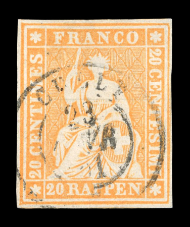 Stamp of Switzerland / Schweiz » Sitzende Helvetia Ungezähnt » 1854-55 Berner Druck (I) 1861, 20 Rp. orange, 1. Berner Druckperiode