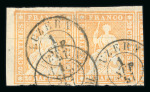 Stamp of Switzerland / Schweiz » Sitzende Helvetia Ungezähnt » 1854-55 Berner Druck (I) 1857, 20 Rp. orange, 1. Berner Druckperiode im waagerechten Paar