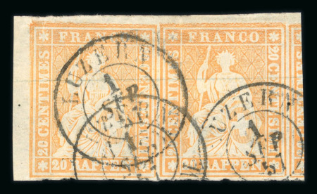 Stamp of Switzerland / Schweiz » Sitzende Helvetia Ungezähnt » 1854-55 Berner Druck (I) 1857, 20 Rp. orange, 1. Berner Druckperiode im waagerechten Paar