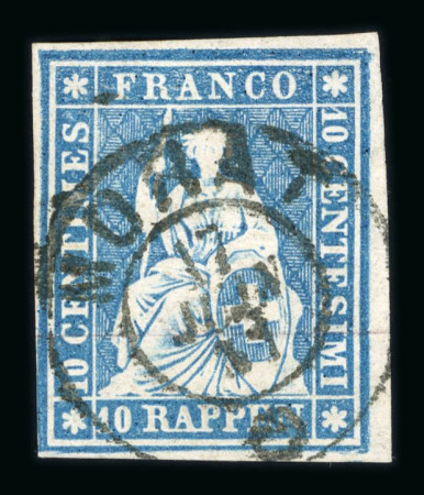 Stamp of Switzerland / Schweiz » Sitzende Helvetia Ungezähnt » III. Periode, dünnes Seidenpapier 1857, 10 Rp. blau, 3. Berner Druckperiode