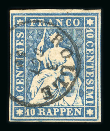 Stamp of Switzerland / Schweiz » Sitzende Helvetia Ungezähnt » 1857-62 Berner Druck, Dickes Papier 1860, 10 Rp. blau, 4. Berner Druckperiode