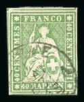 Stamp of Switzerland / Schweiz » Sitzende Helvetia Ungezähnt » 1857-62 Berner Druck, Dickes Papier Schweiz 1863, 40 Rp. grün, 4. Berner Druckperiode leicht entwertet mit schwarzem Einkreisstempel Genève