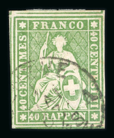 Stamp of Switzerland / Schweiz » Sitzende Helvetia Ungezähnt » 1857-62 Berner Druck, Dickes Papier Schweiz 1863, 40 Rp. grün, 4. Berner Druckperiode leicht entwertet mit schwarzem Einkreisstempel Genève