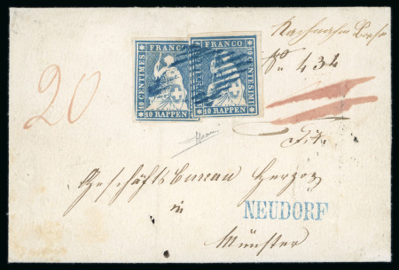 Stamp of Switzerland / Schweiz » Sitzende Helvetia Ungezähnt » Münchner Druck, 3. Auflage 1855, 10 Rp. blau, 3. Münchner Druckperiode, 2 Einzelmarken