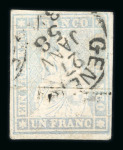 Stamp of Switzerland / Schweiz » Sitzende Helvetia Ungezähnt » Dünnes Papier 1858, 1 Fr. grau, 2. Berner Druckperiode auf sehr dünnem Papier