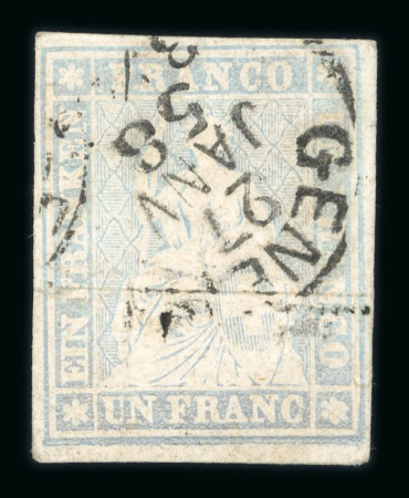 Stamp of Switzerland / Schweiz » Sitzende Helvetia Ungezähnt » Dünnes Papier 1858, 1 Fr. grau, 2. Berner Druckperiode auf sehr dünnem Papier