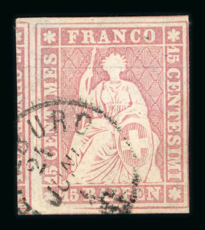 Stamp of Switzerland / Schweiz » Sitzende Helvetia Ungezähnt » Dünnes Papier 1856, 15 Rp. rot, 1. Berner Druckperiode auf sehr dünnem Papier