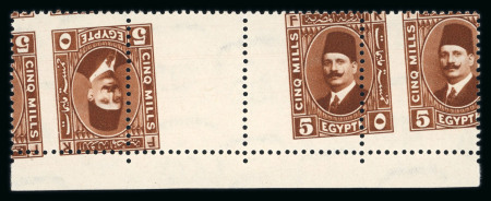 Stamp of Egypt » 1922-1936 King Fouad I Definitives » Issued Stamps 1927-37 Second Portrait 5m brown in tête-bêche gutter strip with oblique perforations, mint nh