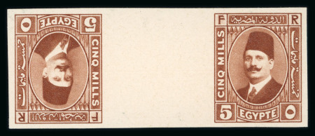 Stamp of Egypt » 1922-1936 King Fouad I Definitives » Issued Stamps 1927-37 Second Portrait Issue 5m red-brown, tête-bêche pair with gutter, showing “CANCELLED” on reverse