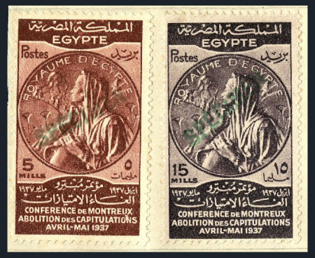 Stamp of Egypt » Commemoratives 1936 Abolition of Capitulations at the Montreux Conference complete set of three with "SPÉCIMEN" specimen hs affixed to pieces of archive page from the Goa postal archive