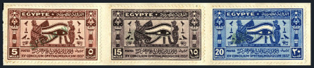 Stamp of Egypt » Commemoratives 1937 15th Ophthalmological Conference complete set of three with "SPÉCIMEN" specimen hs affixed to piece of archive page from the Goa postal archive