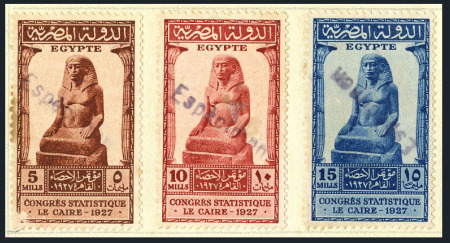 Stamp of Egypt » Commemoratives 1927 Statistical Congress complete set of three with "Espécimen" specimen hs affixed to piece of archive page from the Goa postal archive
