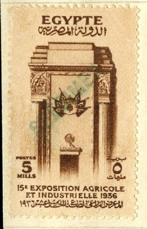 Stamp of Egypt » Commemoratives 1936 15th Agricultural and Industrial Exhibition complete set of four with "SPÉCIMEN" specimen hs affixed to pieces of archive page from the Goa postal archive