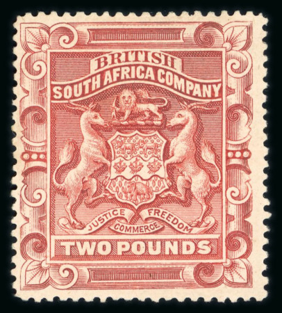 Stamp of Rhodesia 1897 Arms £2 rosy red, unused with large part gum,