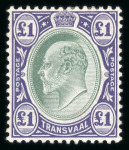 Stamp of South Africa » Transvaal 1904-09 wmk multi CA £1 green and violet on chalk-surfaced paper, two mint examples