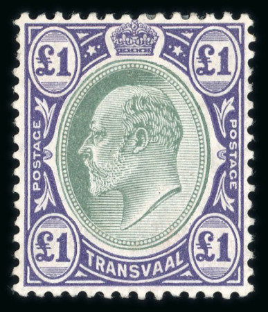 Stamp of South Africa » Transvaal 1904-09 wmk multi CA £1 green and violet on chalk-surfaced paper, two mint examples