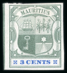 Stamp of Mauritius » 1900-05 Arms Issue (SG 138-155) 1900-05 Small Arms 3c. dull green, imperforate colour trials (7)