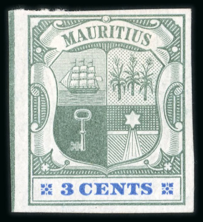 Stamp of Mauritius » 1900-05 Arms Issue (SG 138-155) 1900-05 Small Arms 3c. dull green, imperforate colour trials (7)
