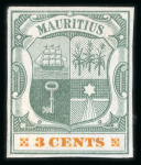 Stamp of Mauritius » 1900-05 Arms Issue (SG 138-155) 1900-05 Small Arms 3c. dull green, imperforate colour trials (7)