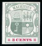 Stamp of Mauritius » 1900-05 Arms Issue (SG 138-155) 1900-05 Small Arms 3c. dull green, imperforate colour trials (7)