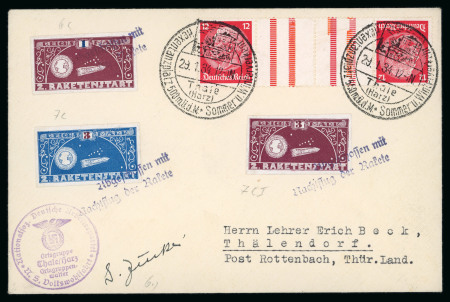 Stamp of Aerophilately » Rocketmail 1934 Hexentanzplatz rocket post cover with imperf. 3M wine-red error of colour rocket label