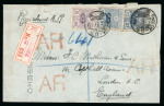 Stamp of Japan » Japan Administration in Formosa 1915 (6.6) registered AR envelope to London franked 5s and two 10s tied by two fine Japanese Tamsui dates tamps