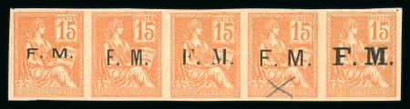 Stamp of France » Franchise Militaire 1900, Mouchon 15c orange, bande de 5 timbres non-dentelés