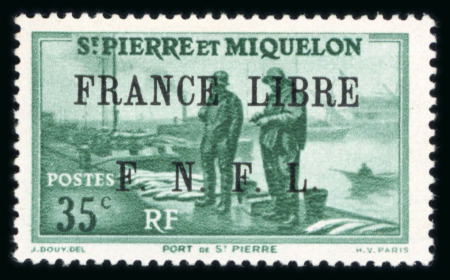 Stamp of Colonies françaises » St. Pierre et Miquelon 1942, France Libre 35 Cts vert Y&T n° 254 neuf * signé