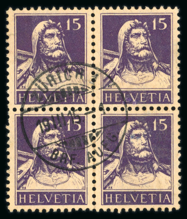 Stamp of Switzerland / Schweiz » Schweiz ab 1907 1914, Tellbrustbild 15 Rp. schwarzviolett im Viererblock