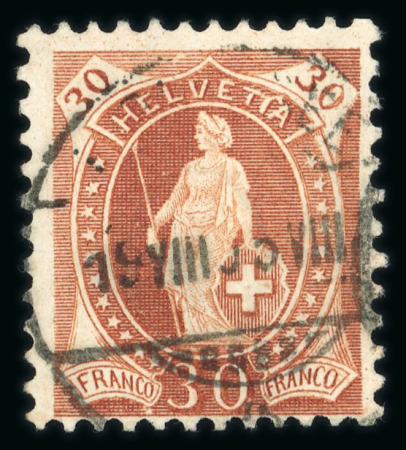 Stamp of Switzerland / Schweiz » Stehende Helvetia 1904, Stehende Helvetia 30 Rp. braun, gezähnt 11½:11 mit Plattenfehler « HELVETTA »