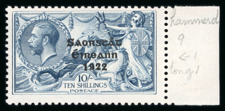 Stamp of Ireland » 1927-28 Wide Date Overprints (T72-T74) 2s6d chocolate, 5s rose-red and 10s dull grey-blue, mint and mint nh singles all showing flat-tailed 9 varieties