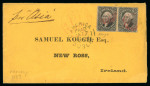 Stamp of Ireland » Transatlantic Mail to, from and via Ireland 1859 (17.1) Yellow printed envelope addressed to Samuel Kough, New Ross, Ireland, sent by the Cunard "per Asia", franked US 1857-61 12c black, pair, with trimmed perfs., cancelled by red grill, with AMERICA/PAID/JA.17/18