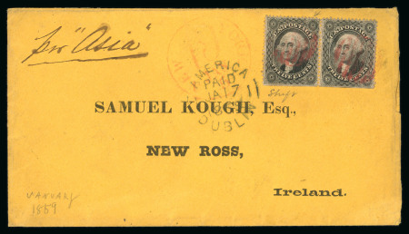 Stamp of Ireland » Transatlantic Mail to, from and via Ireland 1859 (17.1) Yellow printed envelope addressed to Samuel Kough, New Ross, Ireland, sent by the Cunard "per Asia", franked US 1857-61 12c black, pair, with trimmed perfs., cancelled by red grill, with AMERICA/PAID/JA.17/18