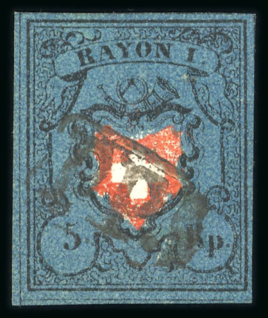 Stamp of Switzerland / Schweiz » Rayonmarken » Rayon I, dunkelblau ohne Kreuzeinfassung 1850, Rayon I dunkelblau ohne Kreuzeinfassung mit Abart « marmorierter Blaudruck »